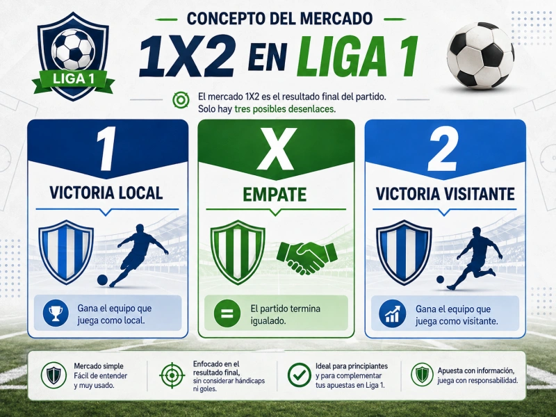 Diagrama que muestra las tres opciones del mercado 1X2 aplicado a partidos de Liga 1