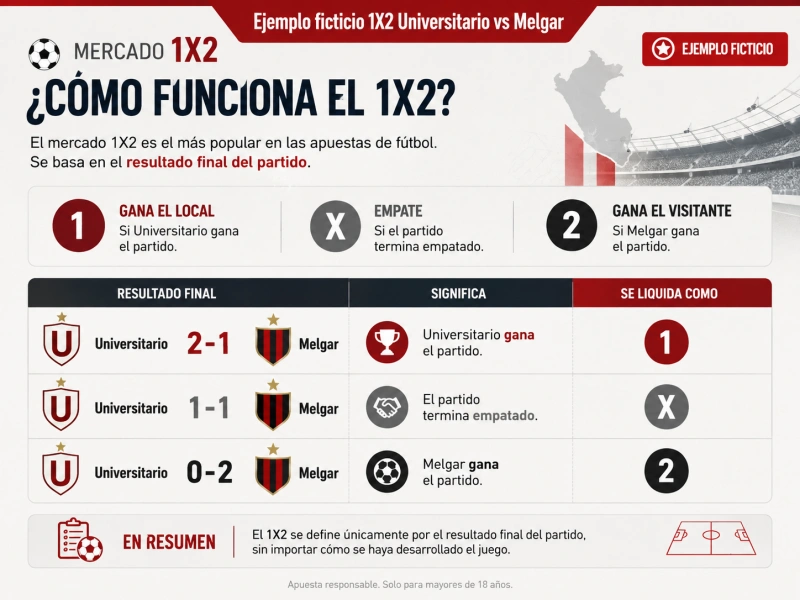 Tabla con tres escenarios ficticios de resultado 1X2 entre Universitario y Melgar