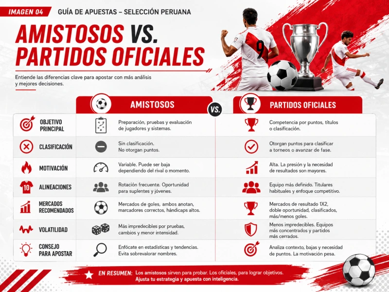 Tabla comparativa que muestra las diferencias de mercados entre partidos amistosos y oficiales de selecciones.