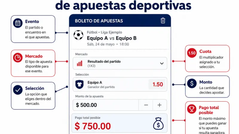 Boleto de apuestas con etiquetas que identifican evento, mercado, selección, cuota, monto y pago total posible