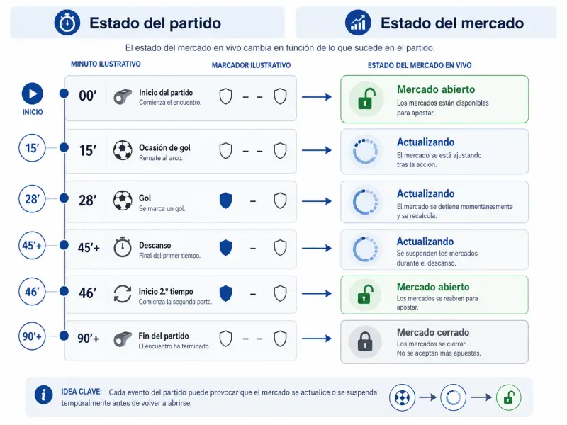 Tablero ilustrativo de estado de partido y mercado en vivo