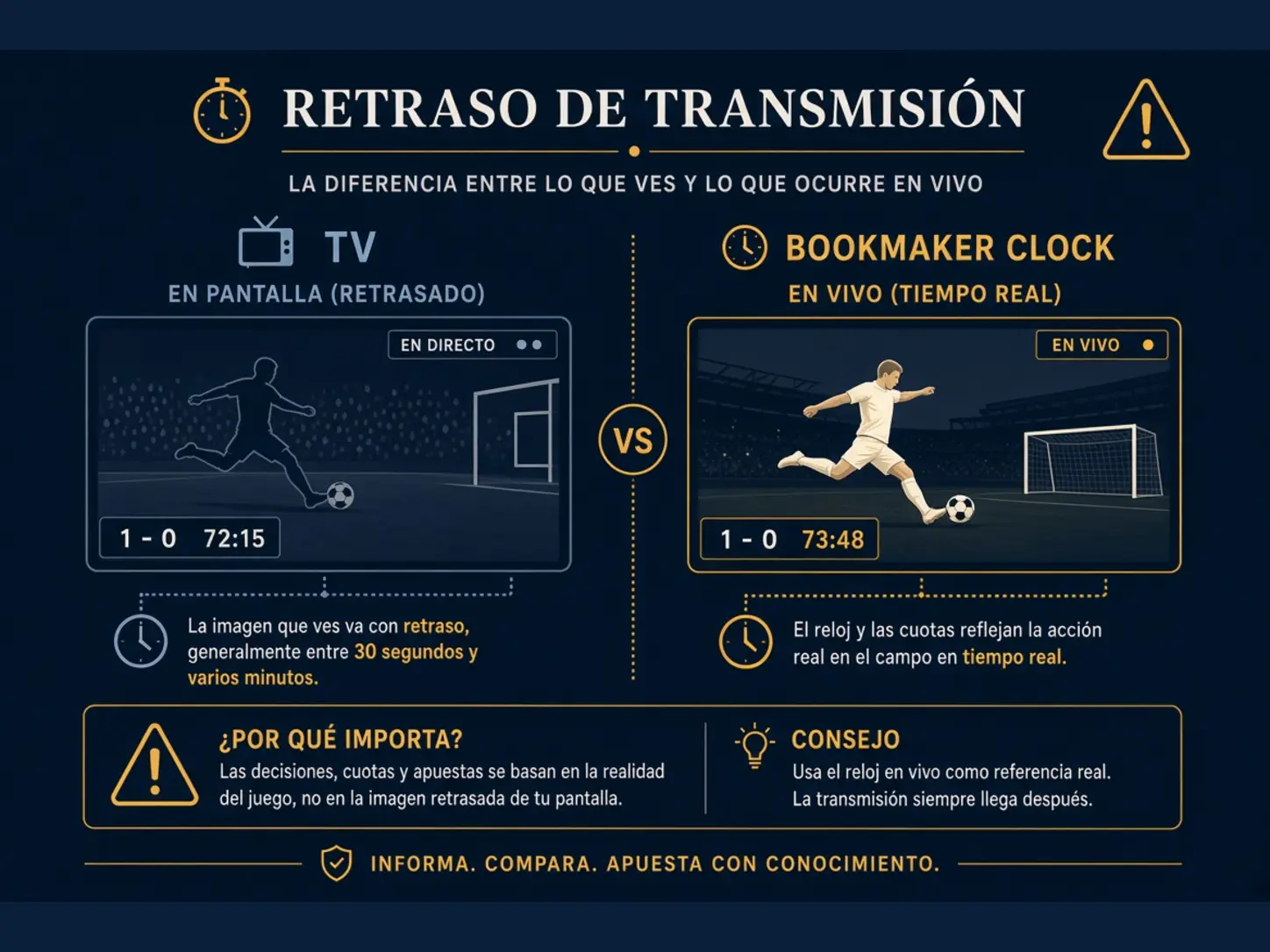 Pantalla de TV atrasada frente al reloj en vivo del operador