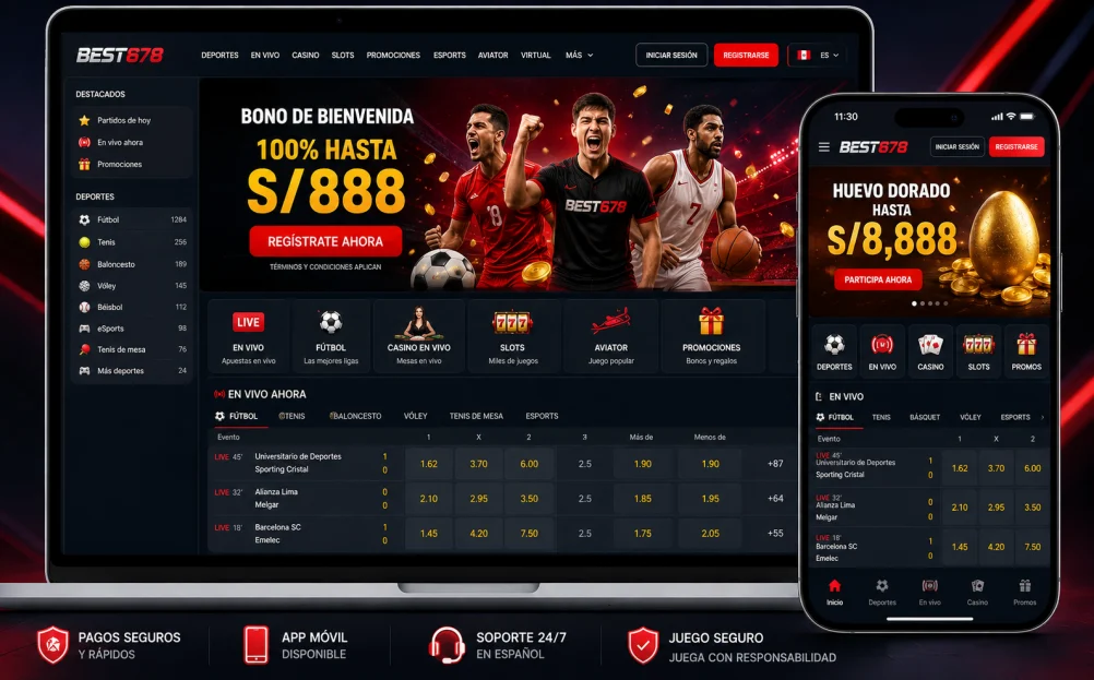 Vista de Best678 en computadora y móvil con apuestas deportivas, casino y promociones