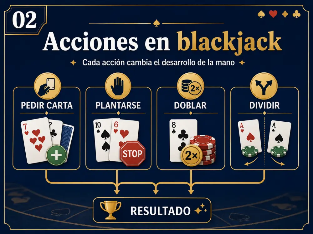 Diagrama que muestra pedir carta, plantarse, doblar y dividir en blackjack.