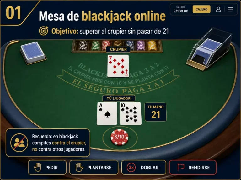 Mesa de blackjack con dos cartas del jugador y carta visible del crupier en interfaz online.
