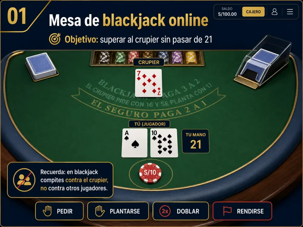 Mesa de blackjack con dos cartas del jugador y carta visible del crupier en interfaz online.