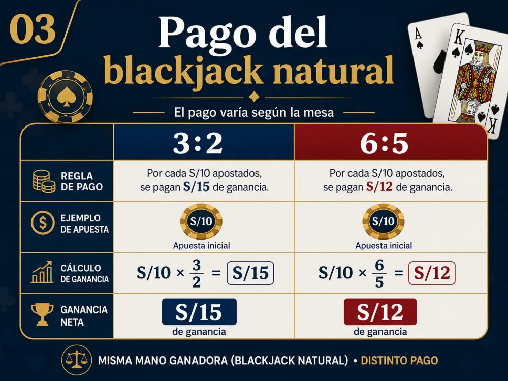 Comparación entre pago 3:2 y 6:5 del blackjack natural con ejemplo de apuesta.