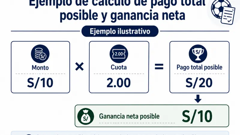 Cálculo ilustrativo que muestra monto S/10 multiplicado por cuota 2.00 igual a pago total posible S/20 y ganancia neta posible S/10