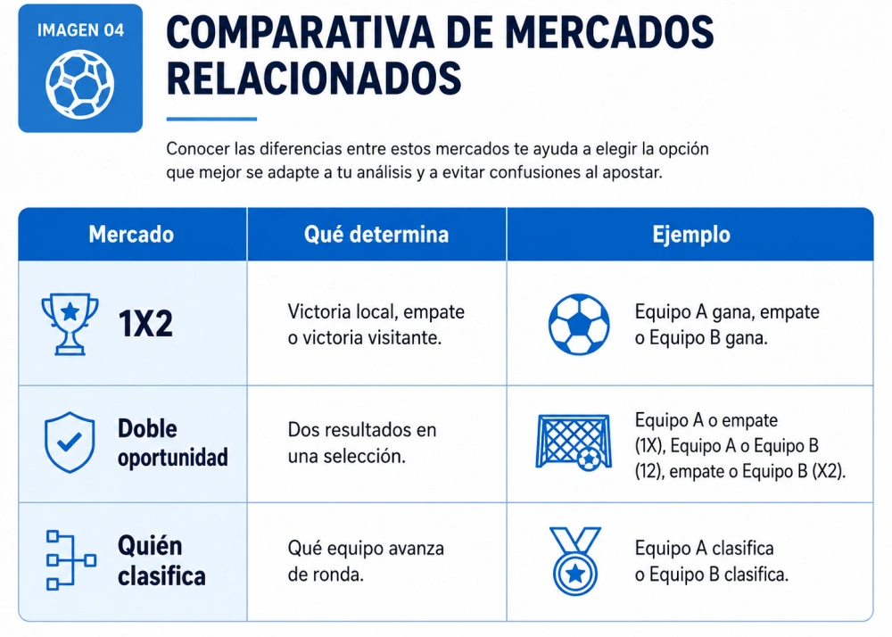 Tabla que diferencia el mercado 1X2 de otros mercados similares como doble oportunidad.