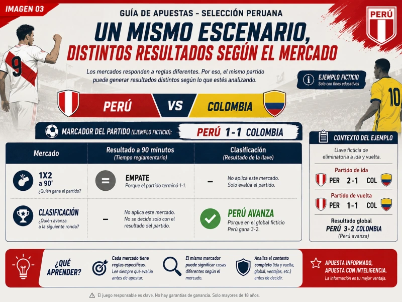 Tabla que muestra un escenario hipotético de Perú 1-1 Colombia y cómo se liquidan diferentes mercados.
