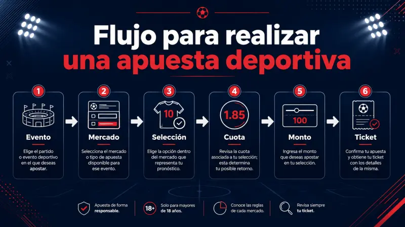 Diagrama que muestra los pasos para hacer una apuesta deportiva desde el evento hasta la confirmación del ticket