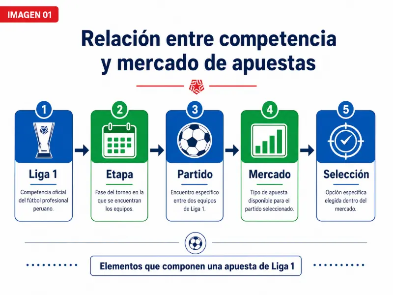 Diagrama que muestra cómo una apuesta de Liga 1 se compone de etapa, partido, mercado y selección