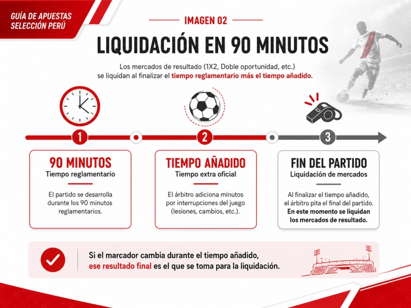 Diagrama que indica el periodo de 90 minutos reglamentarios más tiempo añadido para liquidación de mercados.