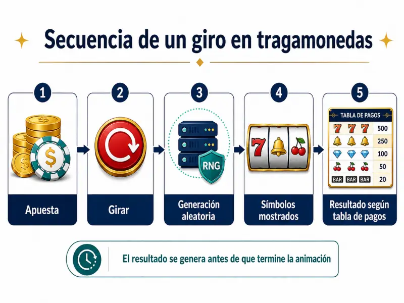 Diagrama que muestra los pasos de un giro en tragamonedas online