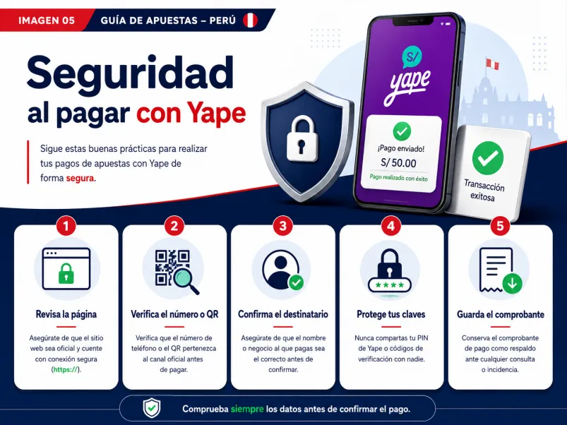 Seguridad al pagar apuestas con Yape verificando plataforma, QR, destinatario y comprobante