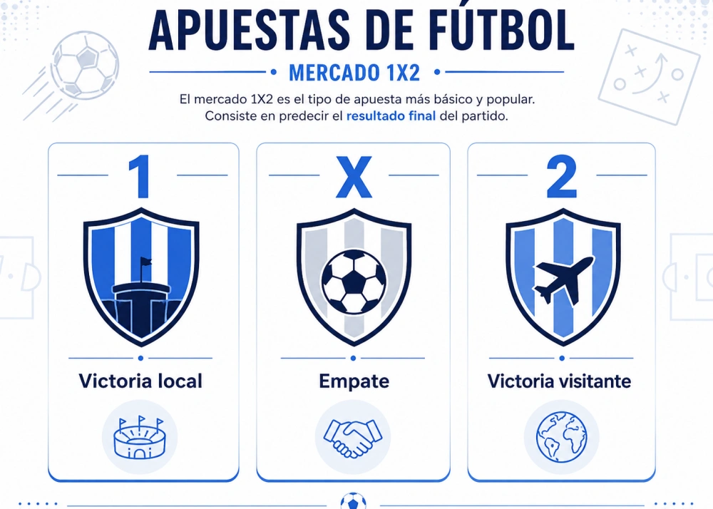 Infografía que muestra las tres opciones del mercado 1X2 en apuestas de fútbol.