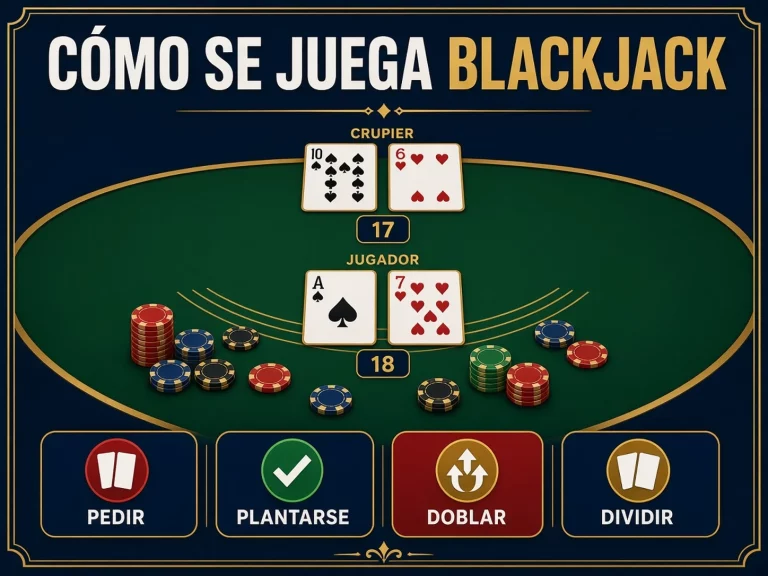 Guía visual sobre cómo se juega blackjack con cartas, fichas y decisiones básicas del jugador