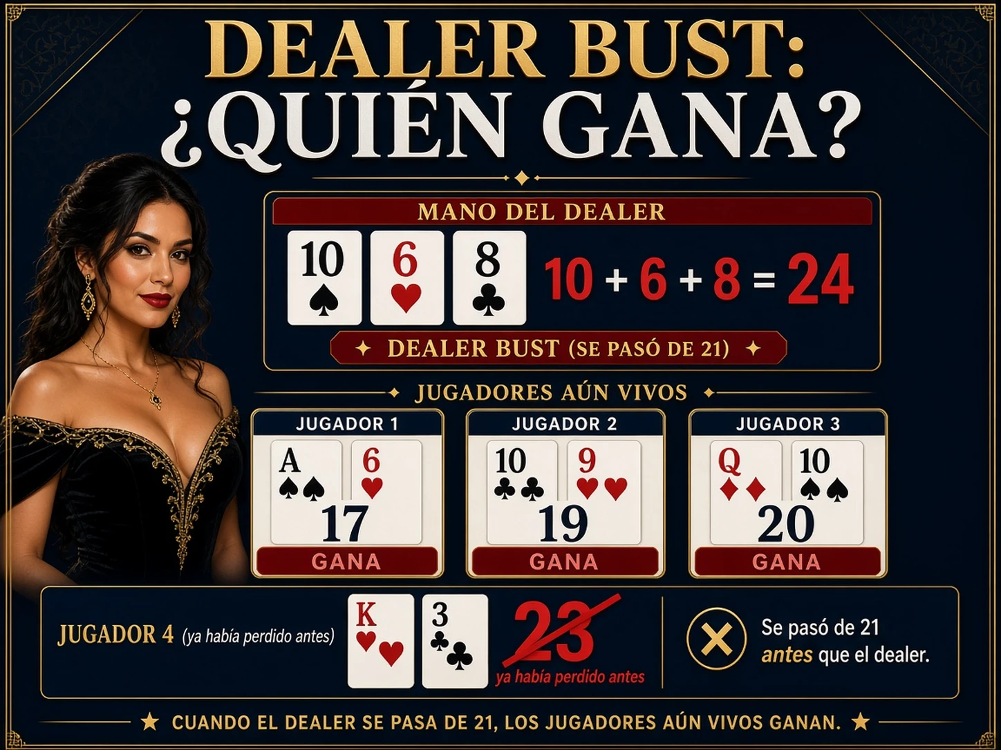 Dealer superando 21 mientras manos válidas del jugador ganan y una mano ya bust queda perdida