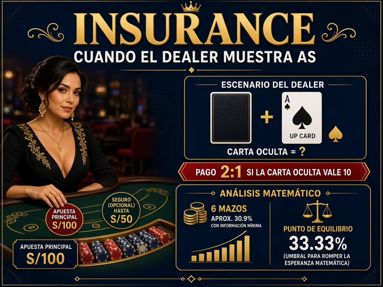 Seguro Insurance en blackjack con dealer mostrando As y apuesta lateral de hasta la mitad del stake