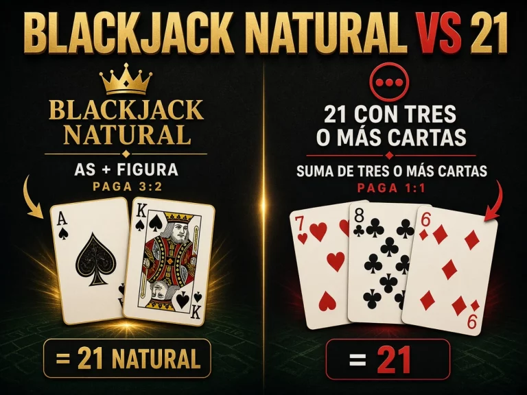 Comparación entre blackjack natural y un 21 con tres o más cartas en una mesa de blackjack