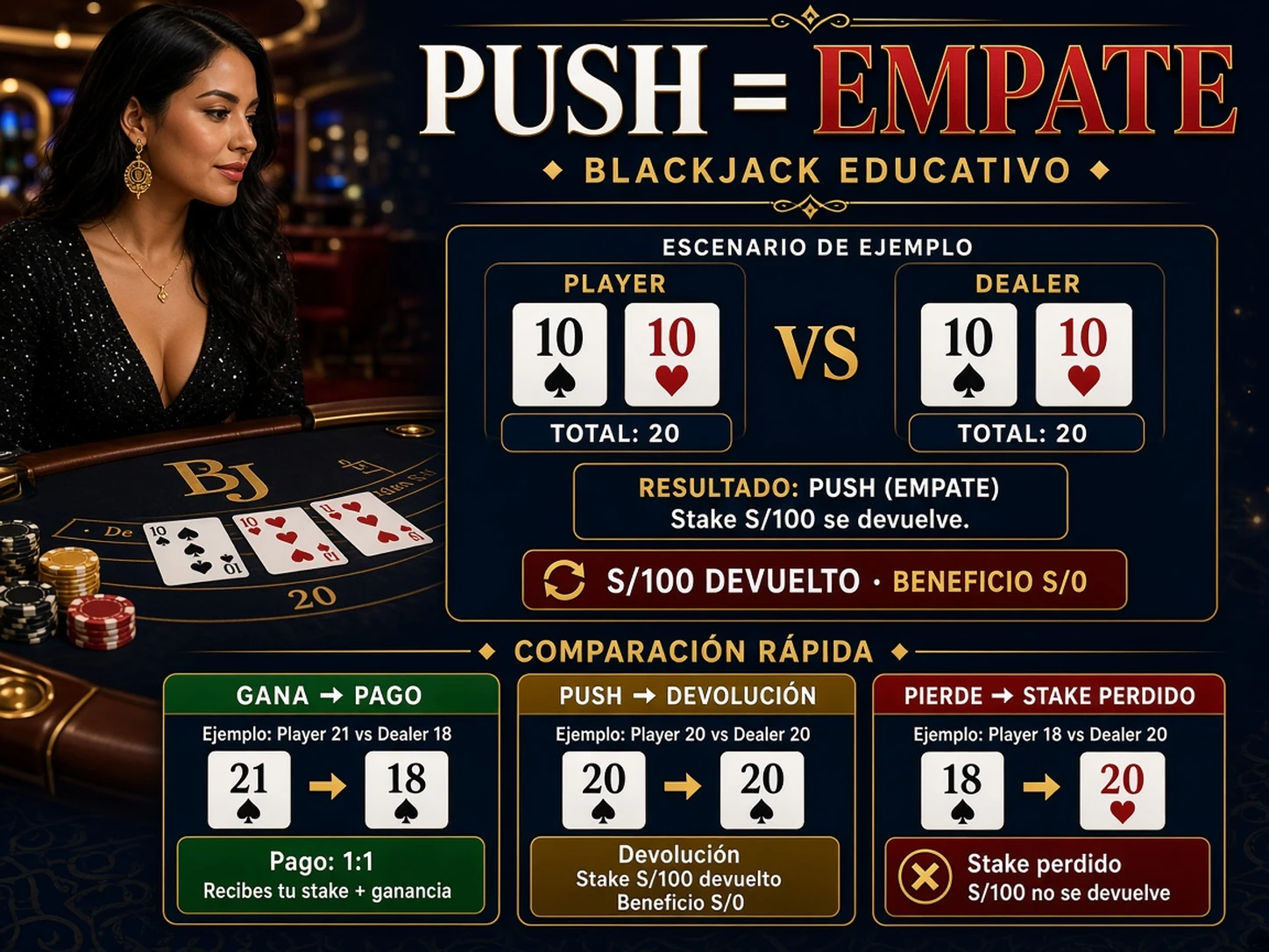 Push en blackjack con jugador 20 y crupier 20 y devolución de la apuesta