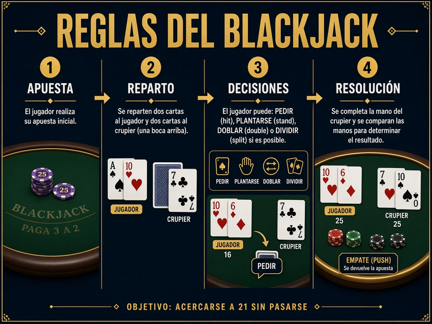 Resumen visual de las reglas del blackjack y del desarrollo completo de una mano