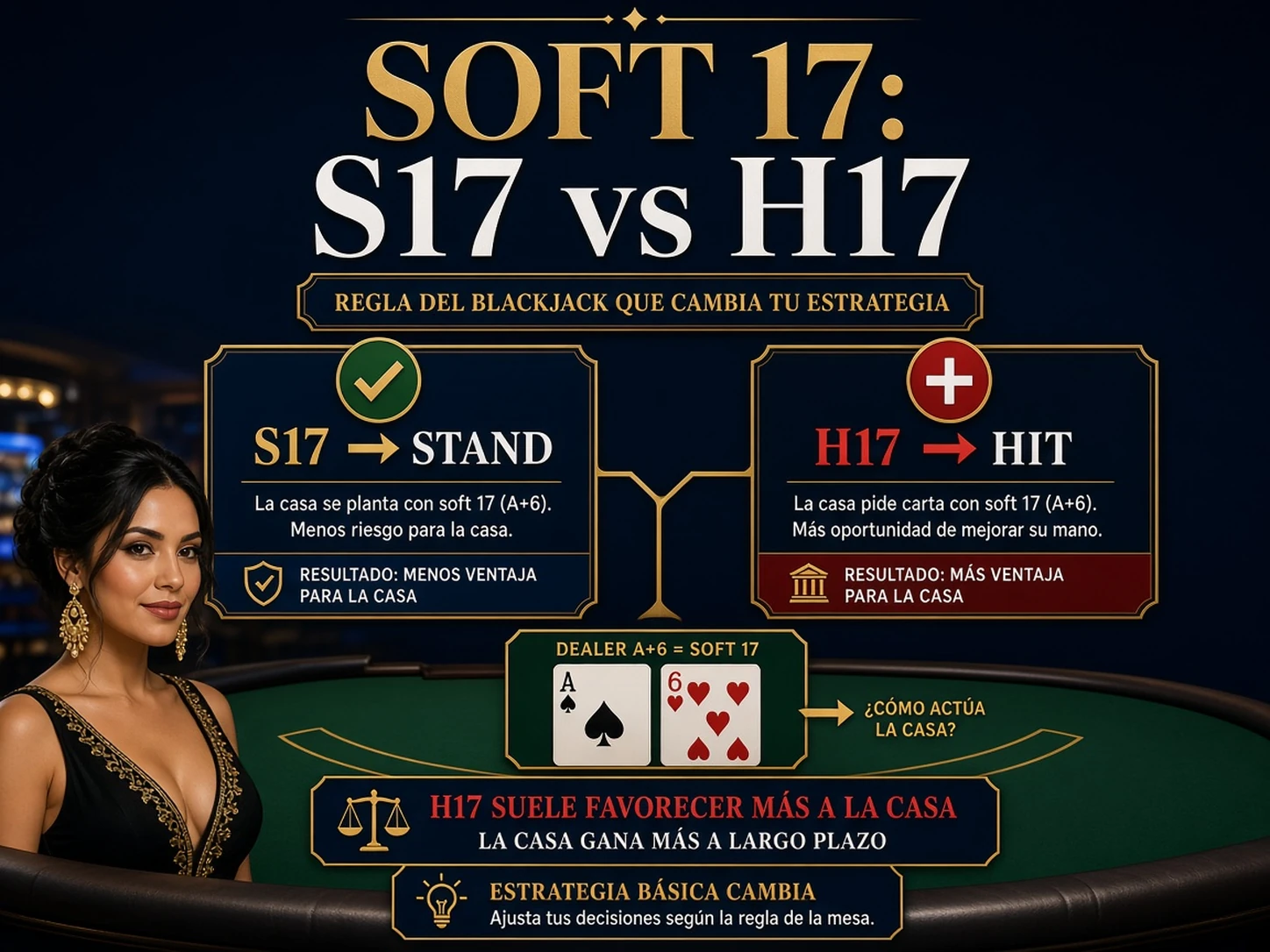 Soft 17 A más 6 comparando dealer stand S17 y dealer hit H17