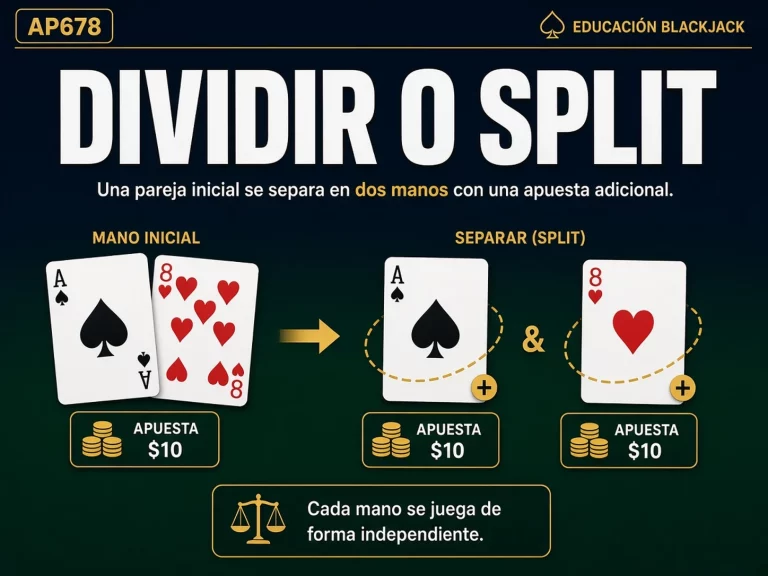Explicación visual de qué significa dividir o Split en blackjack y cómo se crean dos manos