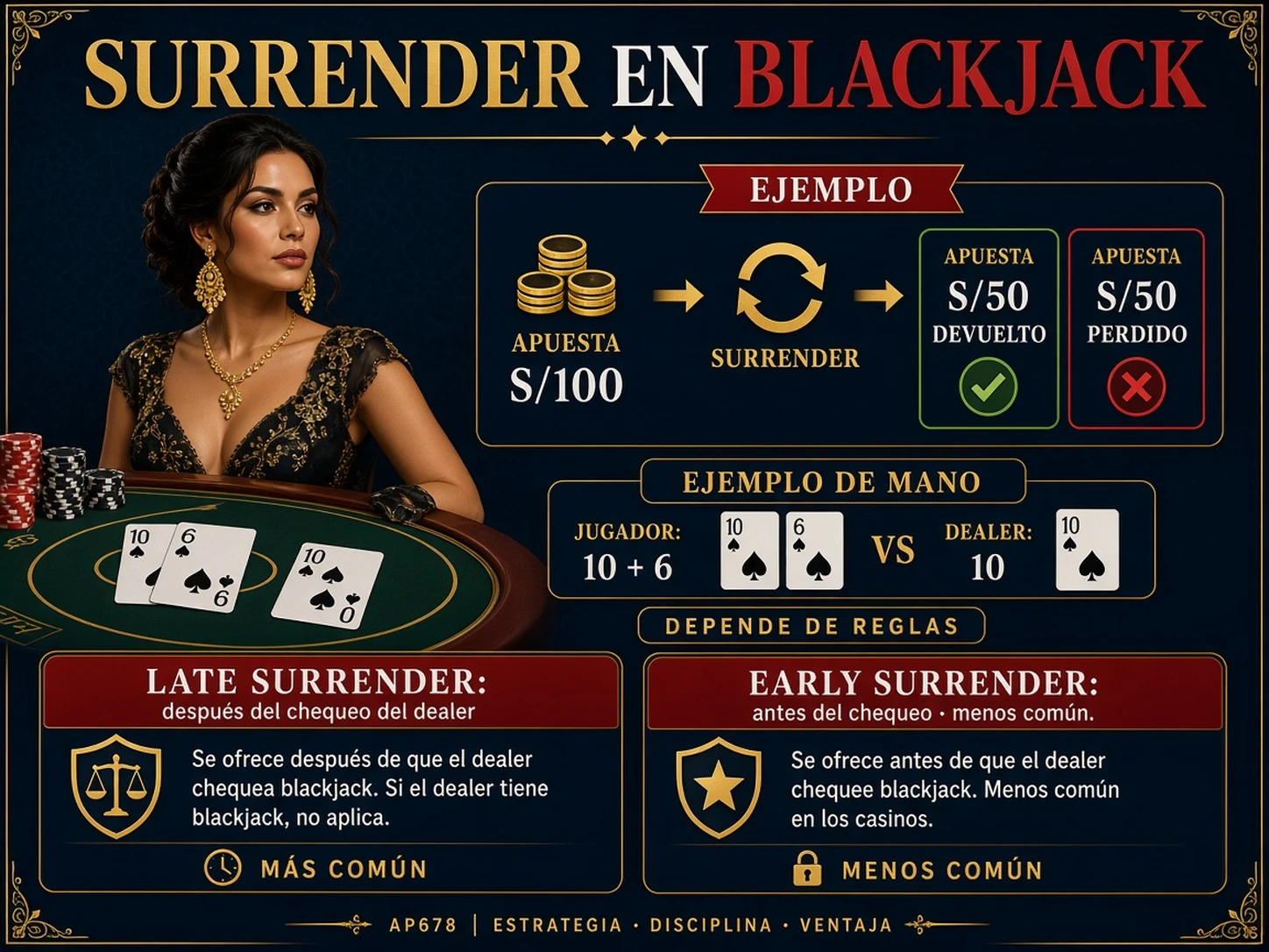 Surrender en blackjack con ejemplo de apuesta S/100 y devolución de S/50