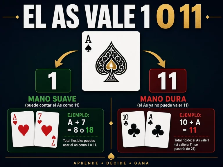 Explicación del valor del As en blackjack con ejemplos de cuándo cuenta como 1 y cuándo como 11