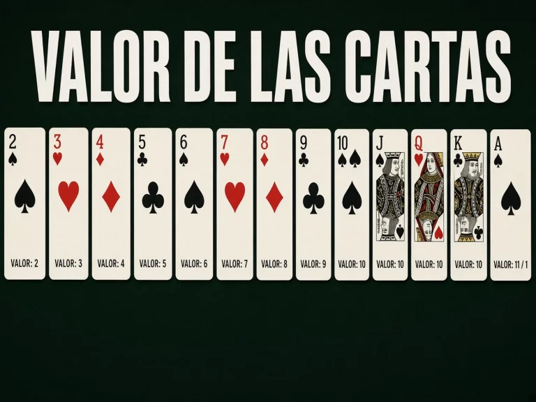 Guía del valor de las cartas en blackjack con números, figuras y As explicados