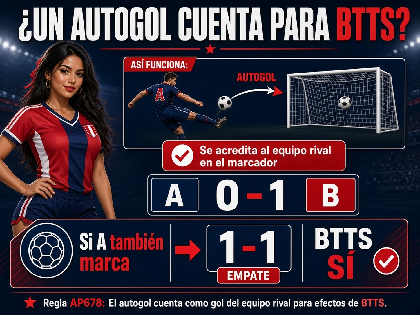 Infografía sobre cómo un autogol se acredita al equipo rival y afecta a Ambos equipos marcan