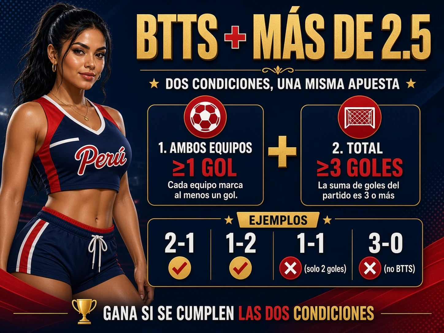 Mercado combinado Ambos equipos marcan y Más de 2.5 con dos condiciones y marcadores 2-1, 1-1 y 3-0
