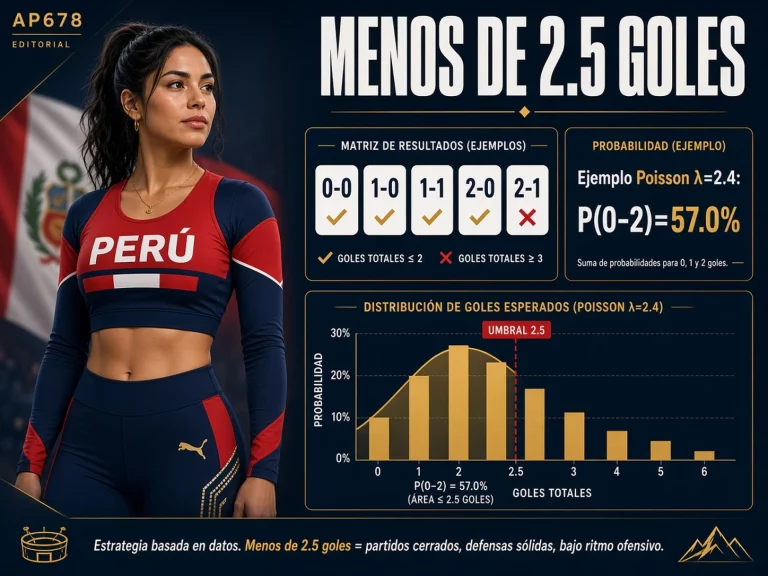 Infografía de Menos de 2.5 goles con tabla de marcadores y probabilidad Poisson ilustrativa
