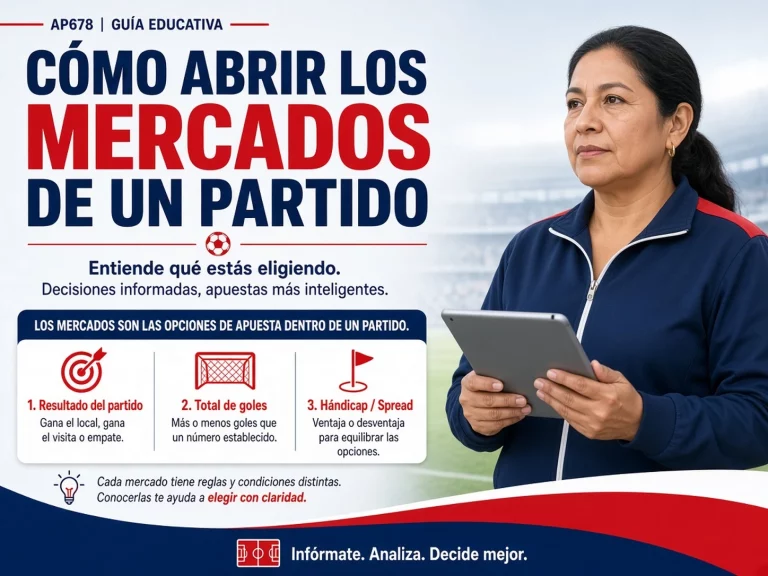 Pantalla de mercados de un partido con explicación de cómo abrir y entender las opciones