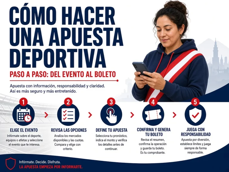 Guía visual sobre cómo hacer una apuesta deportiva paso a paso desde el evento hasta el boleto