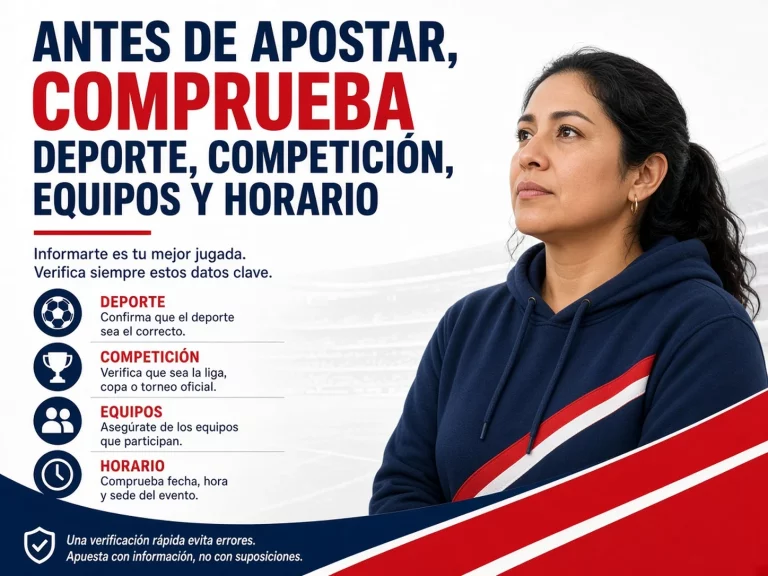 Lista de verificación para comprobar deporte, competición, equipos y horario antes de apostar
