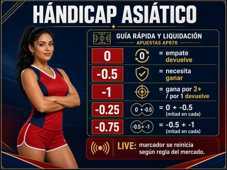 Guía de hándicap asiático con líneas 0, -0.5, -1, -0.25 y -0.75 y sus liquidaciones