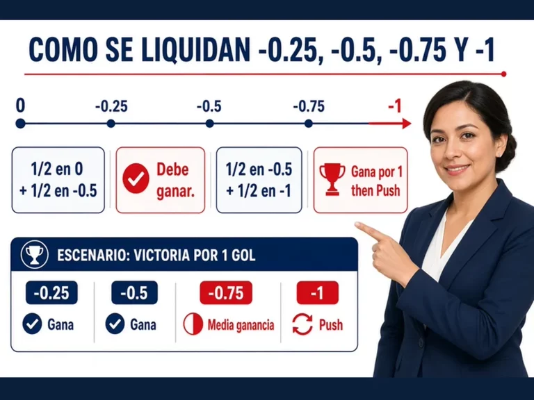 Infografía de líneas asiáticas -0.25 -0.5 -0.75 y -1 con divisiones de apuesta