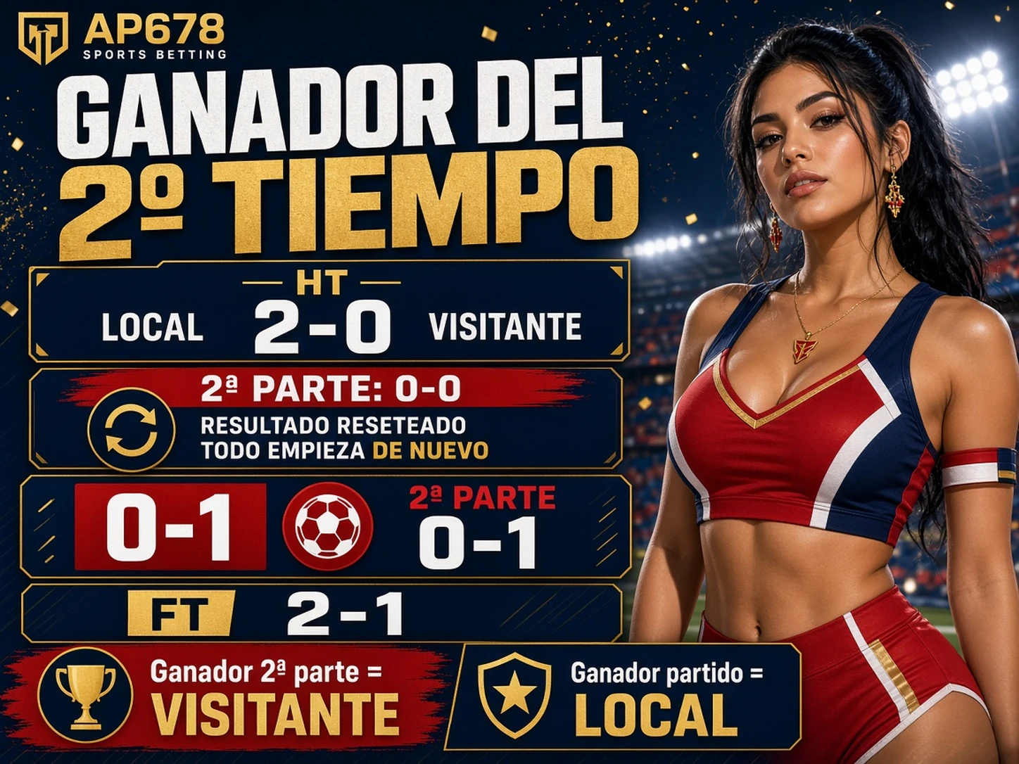 Ganador del segundo tiempo con ejemplo 2-0 al descanso y 0-1 en la segunda mitad