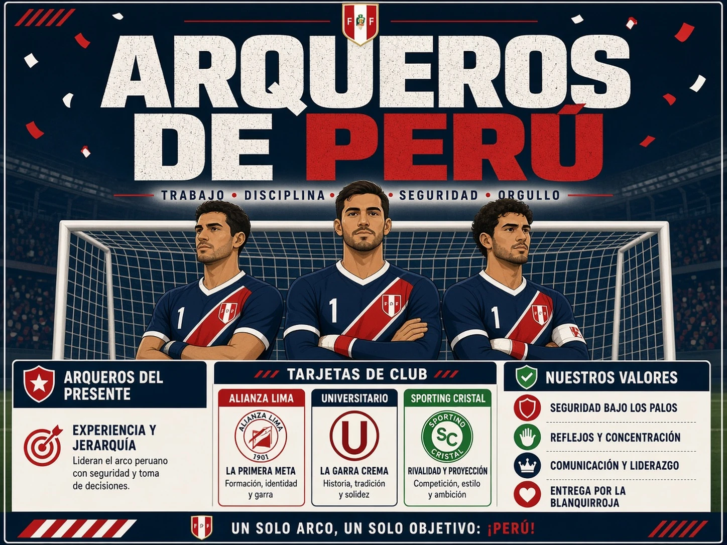 Tres arqueros de la Selección Peruana representados en una competencia por el puesto con referencias a sus clubes