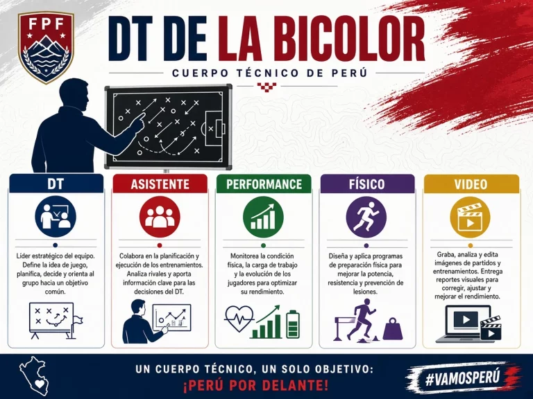 Esquema del cuerpo técnico de la Selección Peruana con director técnico asistente performance preparación física y videoanálisis