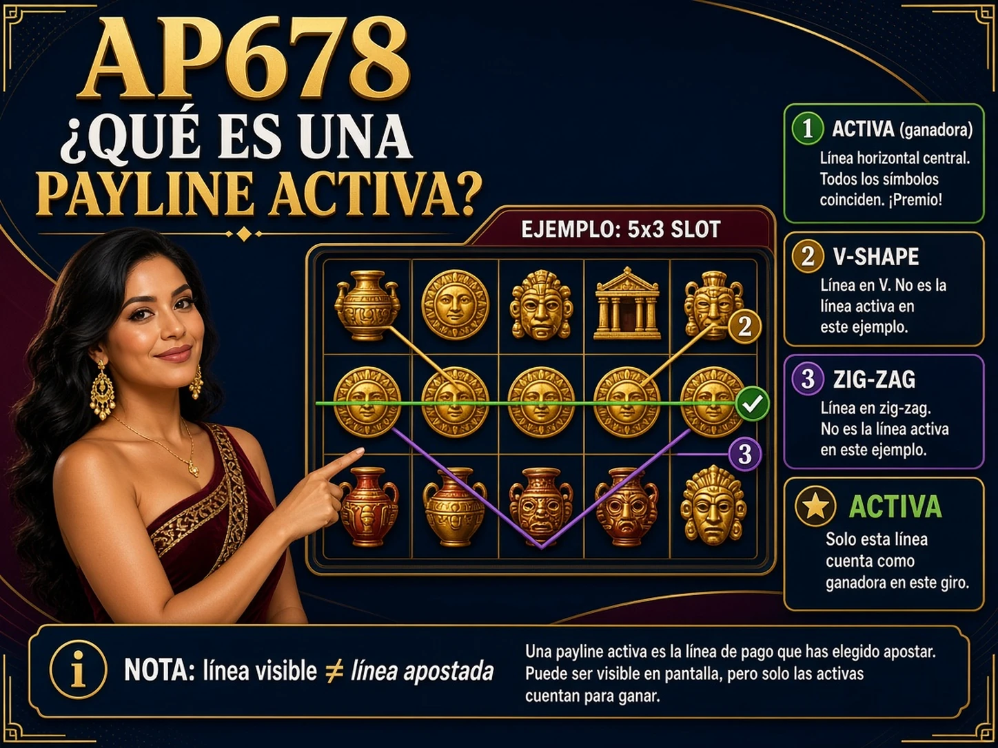 Ejemplo de paylines horizontales y diagonales con una línea activa