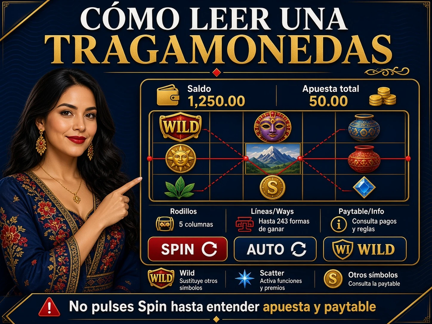 Pantalla genérica de tragamonedas con saldo apuesta rodillos líneas paytable Wild y Scatter señalados